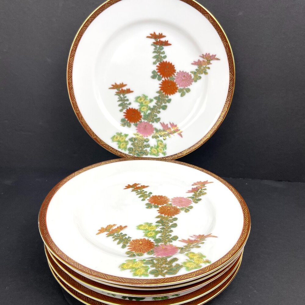 Set 6 Vintage Kutani Japan Dessert Plates Hand Painted Chrysanthemum Gold Rim